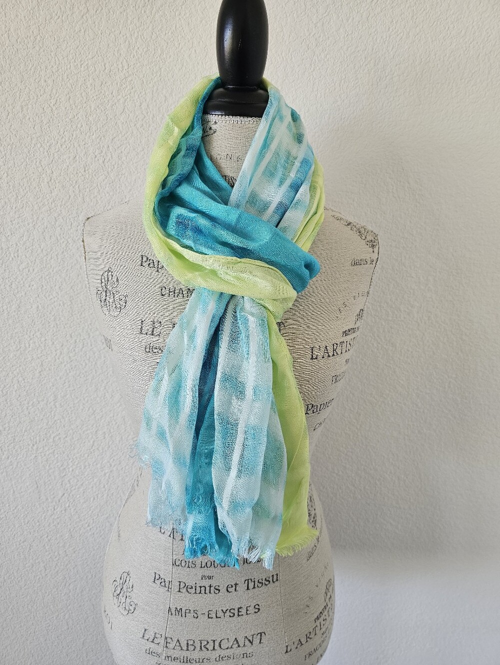 Boho Tie Dye Lightweight Scarf Shawl Sarong – Turquoise, Lime Green & White